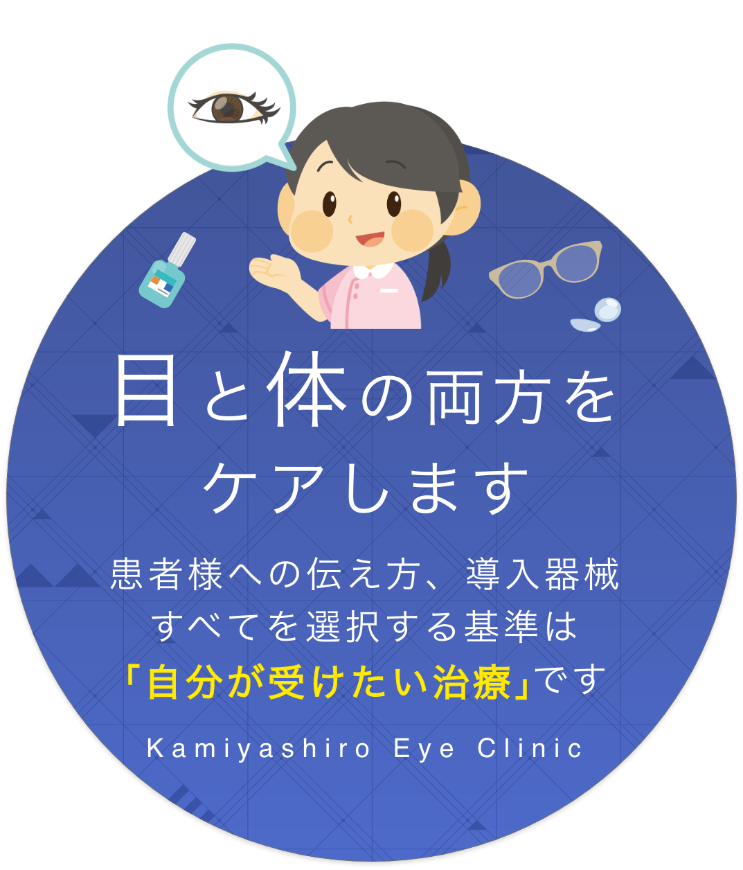 目と体の両方をケアします 患者様への伝え方、導入器械すべてを選択する基準は「自分が受けたい治療」です Kamiyashiro Eye Clinic